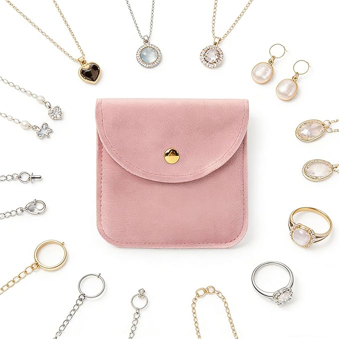 Velvet Jewelry Pouch, Pink, Gold Snap Closure, Small Travel Storage Case（10 Pack 3 * 3）