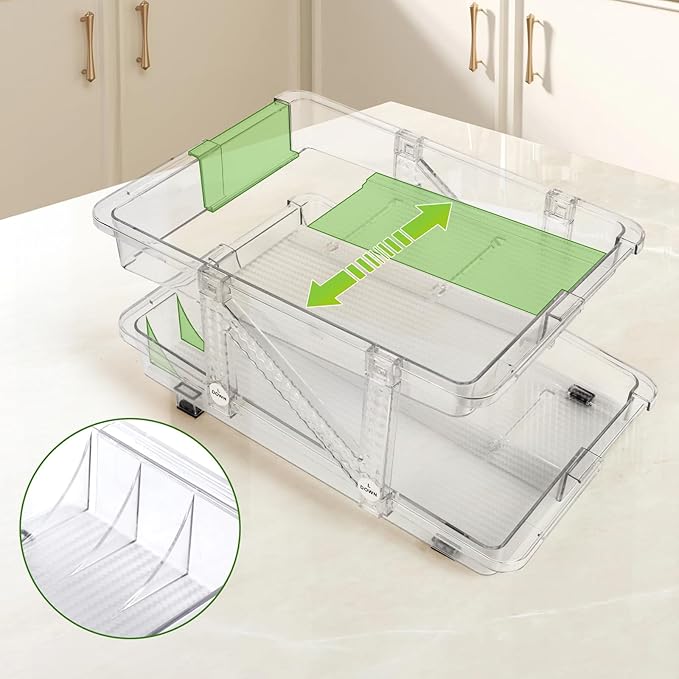 CECOLIC 2 Pack Drink Organizer for Refrigerator, Soda Can Dispenser, Adjustable Width Canned Food Pop Cans Container Beverage Holder for Fridge Organizing, Clear Plastic Storage Bins