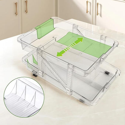 CECOLIC 2 Pack Drink Organizer for Refrigerator, Soda Can Dispenser, Adjustable Width Canned Food Pop Cans Container Beverage Holder for Fridge Organizing, Clear Plastic Storage Bins
