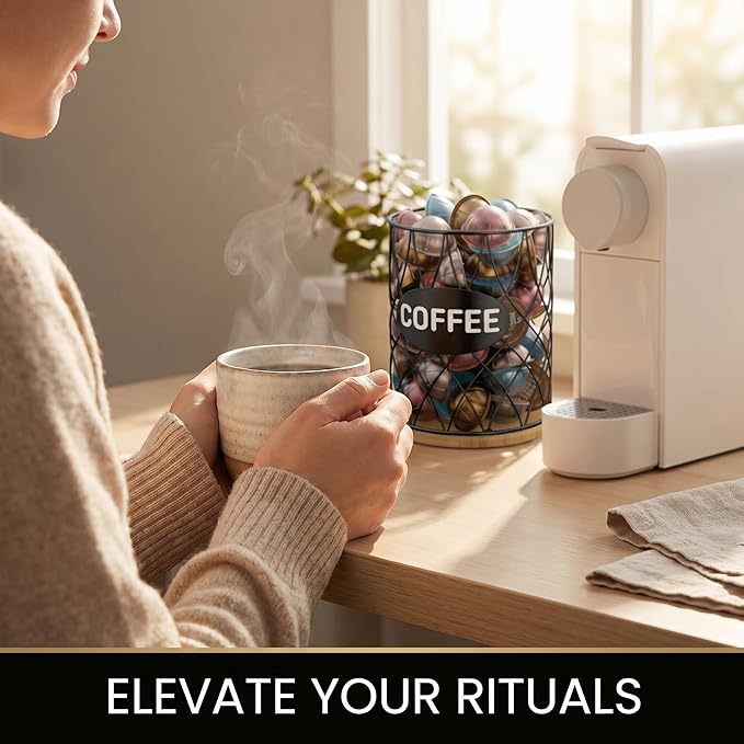 Coffee Pod Holder for K Cups – K Cup Organizer with Metal Wire and Bamboo Base, Large Capacity Coffee Pod Storage for Countertop, Coffee Bar or Kitchen, Pod Holder for K-Cup Style Capsule