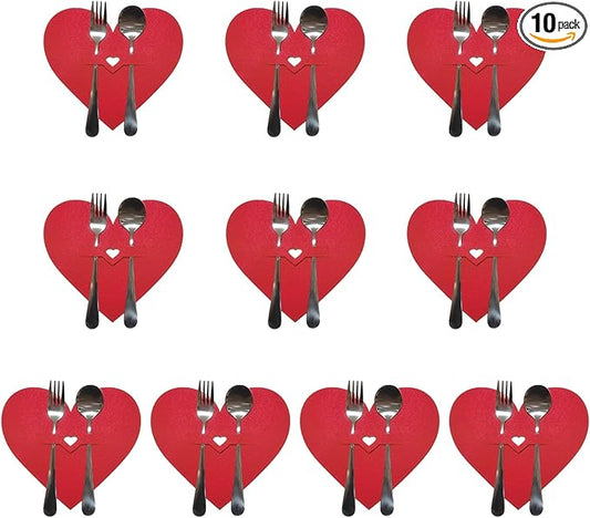 mdgfge 10Pcs Valentine's Day Tableware Utensil Holder Red Heart Shape Silverware Holders Pocket Set, Red Love Theme Felt Flatware Bags Covers for Engagement Xmas Dinner Table Party Decor Supplies
