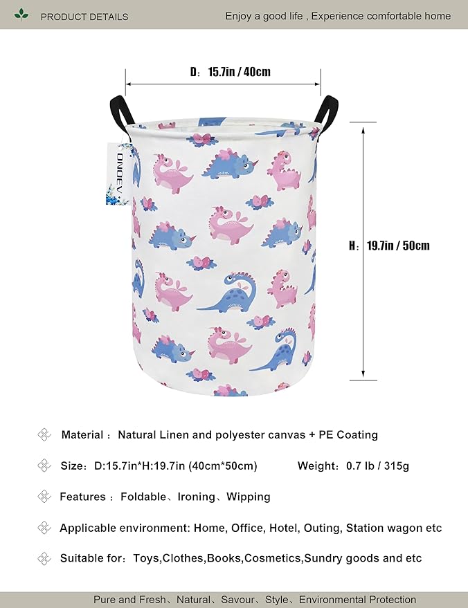 Round waterproof laundry basket,foldable storage basket,laundry Hampers with handle,gift basket,suitable for children's room and toy storage (Pink Dinosaur)