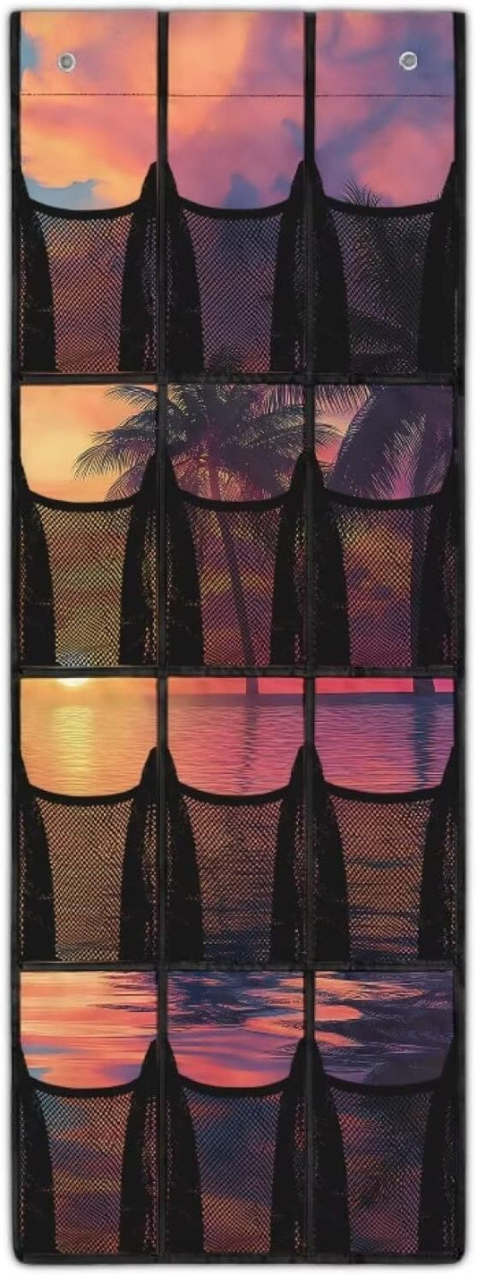 Tropical Trees Space Saving Hanging Shoe Organizer,Entryway Bedroom Bathroom Storage Bags with 12 Mesh Large Pockets,Unique Print
