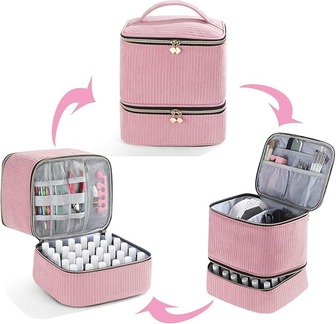 Corduroy Nail Polish Organizer and Nail Lamp Case, Nail Kit Organizer Holds 30 Bottles (15ml - 0.5 fl.oz) and a Nail Lamp, Nail Polish Carrying Case with Manicure Tools Storage Sections (Pink)