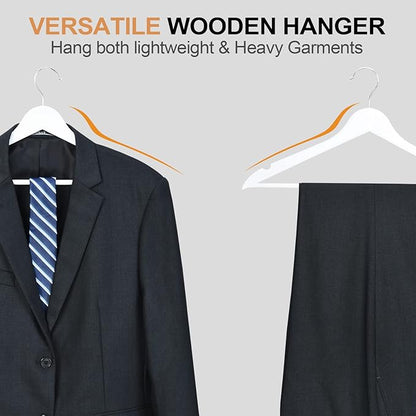 Wooden Hangers 20 Pack, Wood Hangers with Extra Smooth Finish, Precisely Cut Notches & Chrome Swivel Hook, Wooden Clothes Hangers for Shirt Coat Jacket Dress, White