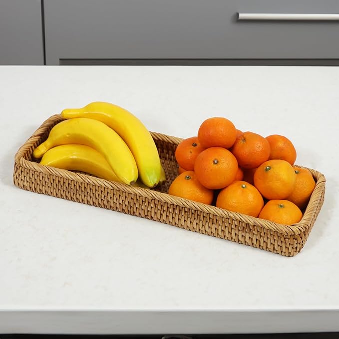 Rattan Bathroom Tray Countertop, Wicker Toilet Tank Basket, Decorative Bathroom Vanity Tray for Decor Coffee Table