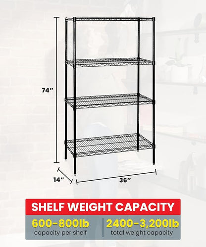 QUANTUM STORAGE SYSTEMS WR74-1436BK Starter Kit Wire Shelves Black Epoxy 4 Shelves 74" H x 36" W x 14" D