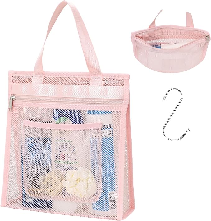 F-color Mesh Shower Caddy Portable Hanging - 3 Pockets Small Shower Bag Tote with Zipper Closure for Camping, Gym Lockers, Travel, Toiletry, Quick Dry Bathroom Essentials with S Hook, Pink