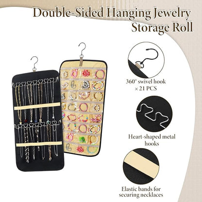 2 Pack Hanging Jewelry Organizer Storage with 32 Pockets and Hooks Dual-Sided Hanging Jewelry Organizers and Storage Hang on Closet, Wall, Door for Earrings, Necklaces, Rings,Blcak