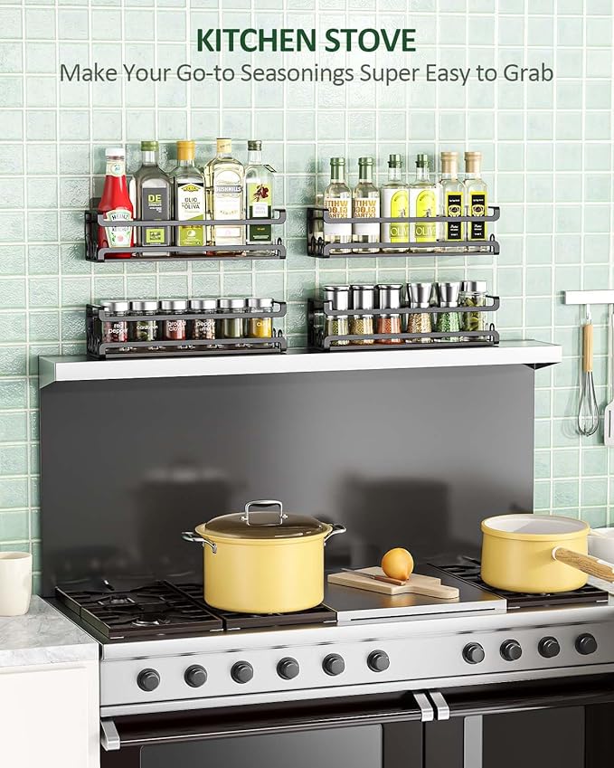 Doakhirmit Wall Mounted Spice Rack with 16 Hooks, Rustic Wood Spice Organizer Shelf for Stove Cabinet Pantry Door,Screw or Adhesive Hanging Spice Shelf,Wall Spice Rack in Kitchen and RV,2 Pack