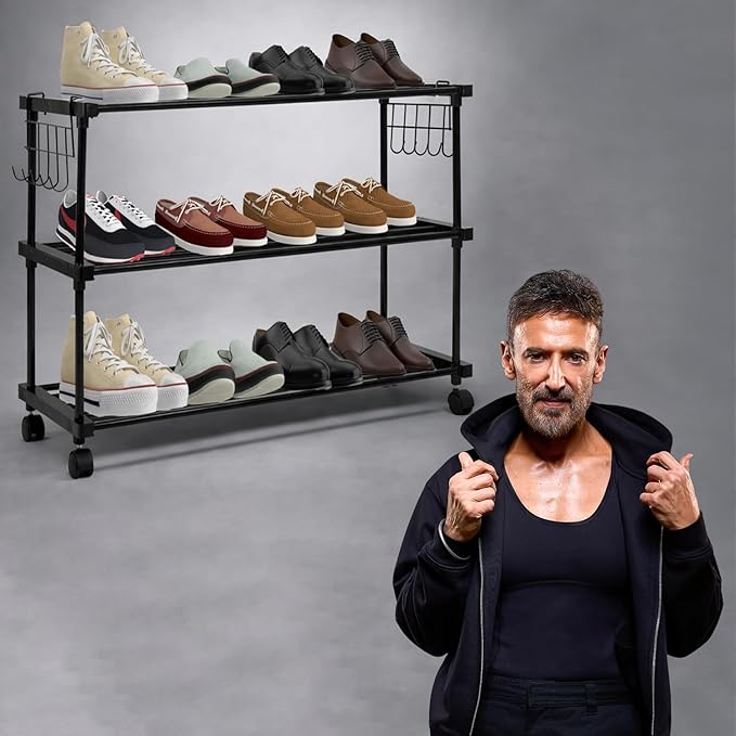 ADA® Premium High Density Iron Shoe Rack, Easy to Assemble Space Saving 3 - Tier Shoe Organizer, Heavy Duty Multifunctional Shoe Cabinet - Black