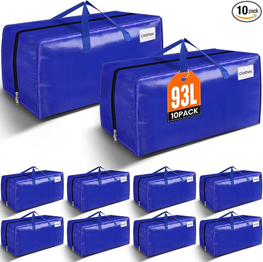 BlissTotes Moving Bags, Heavy Duty Moving Supplies & Storage Bags, Extra Large Packing Bags, Boxes with Tag Pockets, Collapsible Fold Flat Storage Totes, Alternative to Box and Bin, 93L, 10 Packs