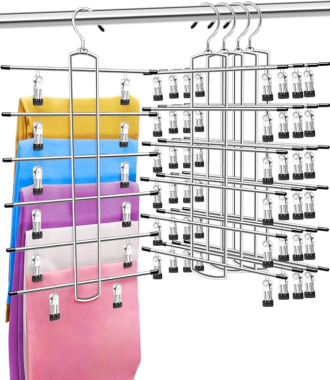 4 Pack Closet-Organizers-and-Storage, Metal Closet-Organizer-Pants-Hangers-Space-Saving, 6 Tier Organization and Storage Short Skirt Hangers Clip, Dorm Room Essentials for College Students Girls Boys
