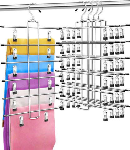 4 Pack Closet-Organizers-and-Storage, Metal Closet-Organizer-Pants-Hangers-Space-Saving, 6 Tier Organization and Storage Short Skirt Hangers Clip, Dorm Room Essentials for College Students Girls Boys