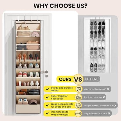 Mefirt 16-20 Pairs Over the Door Shoe Organizer, Clear Pockets Shoe Rack for Closet Door, Hanging Shoe Rack for Boots, Behind the Door Shoe Holder Fit All the Family's Sneakers, Boots, Heels, Beige