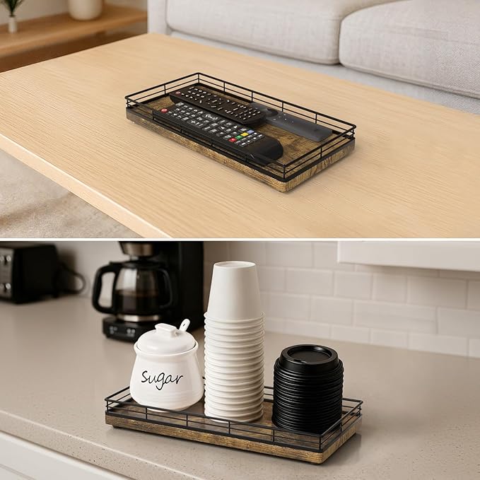 Bathroom Vanity Tray for Countertop, 12" x 6" Wood Toilet Tank Tray with Metal Guardrail, Bathroom Organizer for Soap, Perfume & Skincare, Non-Slip Decorative Tray for Dresser, Black & Rustic Brown