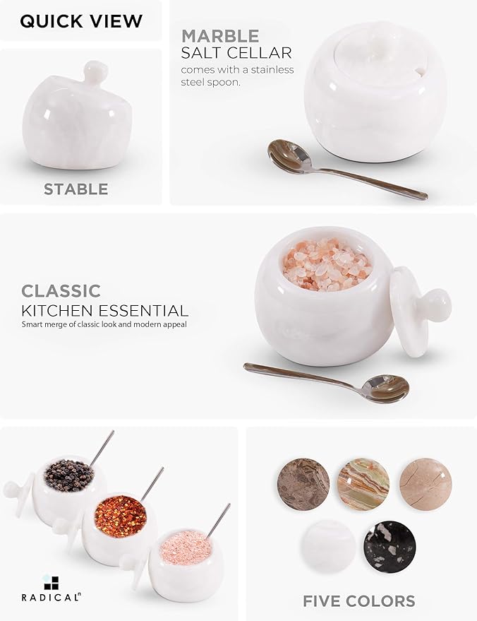 Radicaln Marble Salt Cellar with Lid 3" Inch White Salt Jar & Table Salt Storage For Kitchen Countertop, Ideal Salt Container, Salt Dish & Sugar Bowl For Table