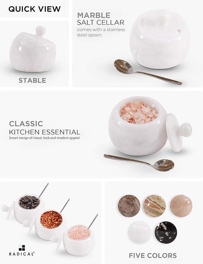 Radicaln Marble Salt Cellar with Lid 3" Inch White Salt Jar & Table Salt Storage For Kitchen Countertop, Ideal Salt Container, Salt Dish & Sugar Bowl For Table
