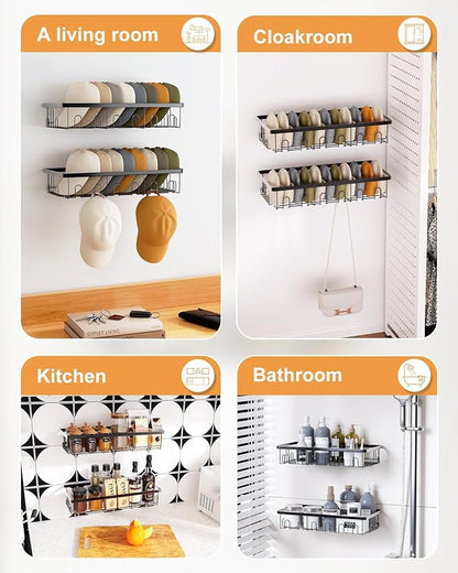 Hat Rack for Wall, 2 Pack Large Hat Organizer with More Hooks, Holds 56 Caps, Metal Wall Mounted Hat Holder for Baseball Caps, Closet Bedroom Kitchen Bathroom, Black