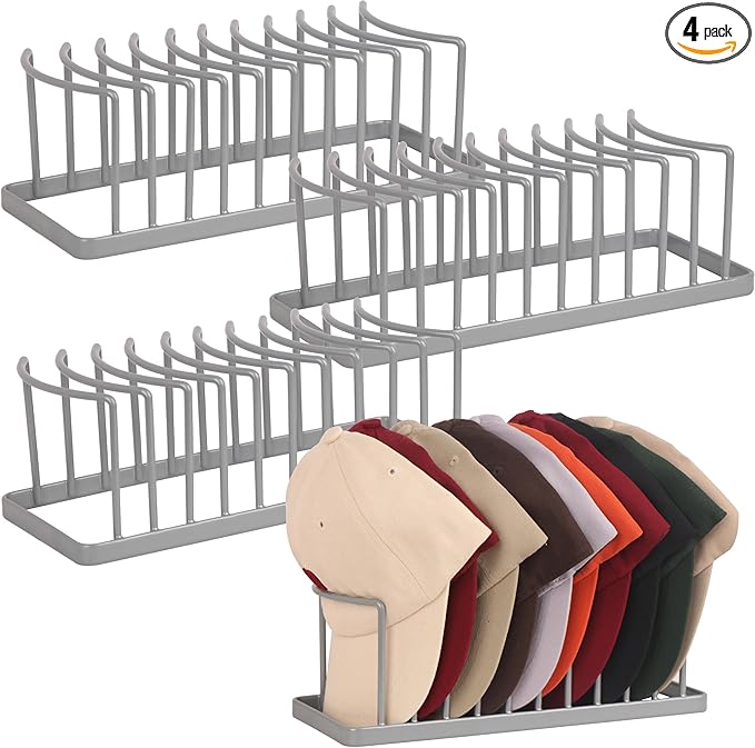 Hat Organizer for Baseball Caps - 4 Pack Space Saving Hat Stand Hold 40 Caps - Premium Metal Hat Rack for Baseball Caps Display & Organizer - No Install Hat Holder for Closet