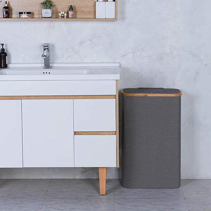 Slim Laundry Basket,60L Laundry Hamper with Lid, Tall Hamper for Laundry,Dirty Cloth Hamper with Bamboo Handle for Towels, Clothes Organizing,Grey
