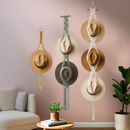Bohemian Hat Rack Hat Hanger, Macrame Hat Organizer for Wall Hanging, Handmade Hat Holder, Hat Storage for Wide-Brim Hats, Boho Hat Display for Bedroom, Living Room(3 Styles & 3 Colors)