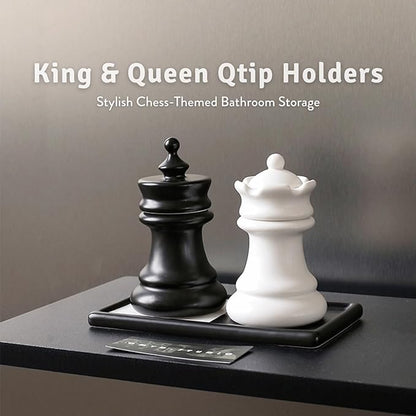 King and Queen Chess Piece Qtip Holder Bathroom Set with Mini Chessboard Base, Novelty Ceramic Storage Containers for Toothpicks, Cotton Swabs, Floss - Elegant Desk Decor, Unique Gift for Chess Lovers