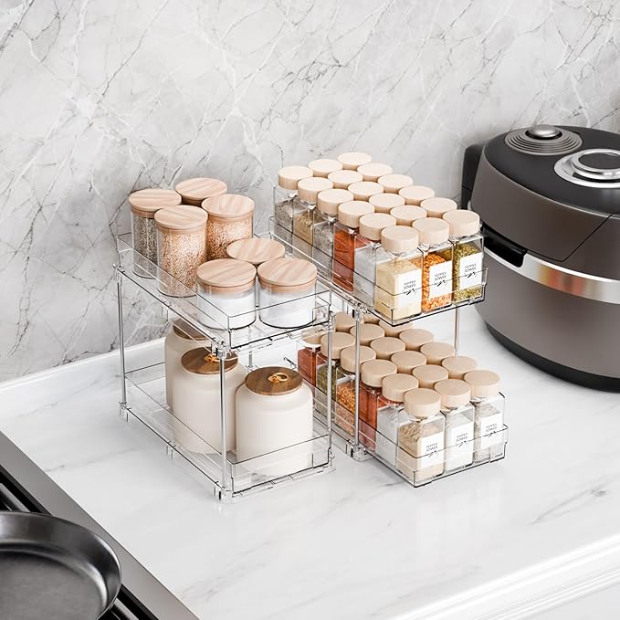 Yieach 2 Pack 2 Tier Vertical Spice Rack Pull Out,10.4'' Deep Narrow Slide Out Spice Rack Organizer for Inside Cabinets,Kitchen,Pantry,Cupboard Seasoning,Can,Jar Organizer and Medicine Cabinet Storage