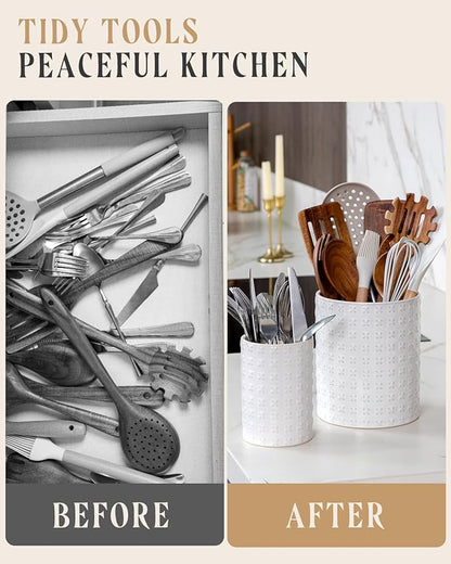 Nucookery Utensil Holder, Extra Large Ceramic Utensil Crock for Kitchen Counter, Stable Spatula & Flatware Organizer, Farmhouse Embossed Kitchen Decor, Set of 2 (X Texture)
