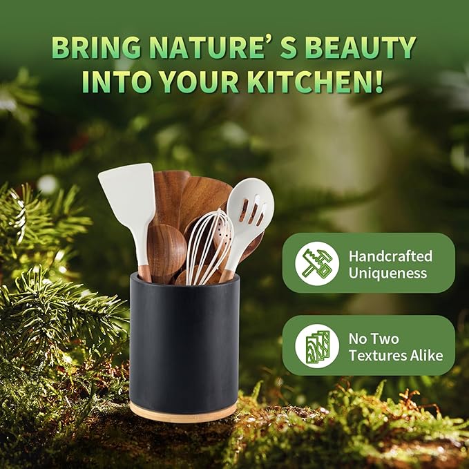 Wooden Utensil Holder, 360°Rotating 7.3'' Large Utensil Holder for Kitchen Counter, Kitchen Utensil Organizer, Utensil Crock, Farmhouse Kitchens Countertop Decor, Black Color