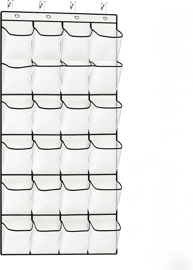 Meolsaek Over the Door Shoe Organizer with 40 Breathable Mesh Pockets, Hanging Shoe Organizer for Door with 4 Metal Hooks, Shoe Organizer for Closet, Bedroom, Bathroom, Pantry (White, 24)