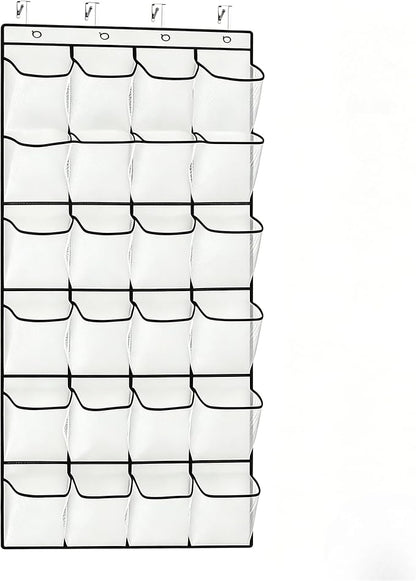 Meolsaek Over the Door Shoe Organizer with 40 Breathable Mesh Pockets, Hanging Shoe Organizer for Door with 4 Metal Hooks, Shoe Organizer for Closet, Bedroom, Bathroom, Pantry (White, 24)