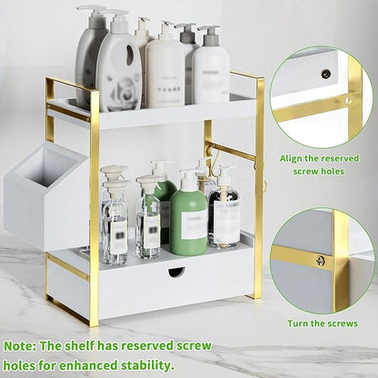 2-Tier Bathroom Counter Organizer with Drawer and Basket, Wood Countertop Organizer for Storage, Skincare Organizers for Vanity, Counter Shelf for Bathroom Organization(White-gold)