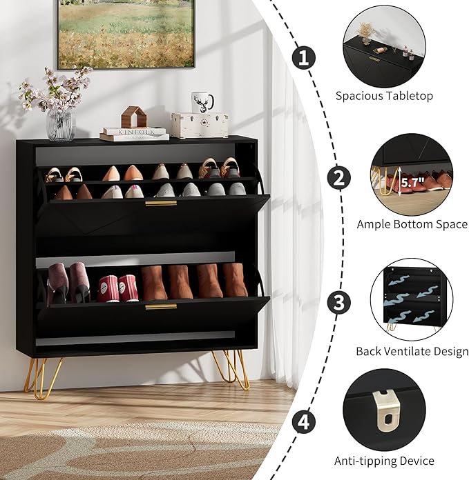 JOZZBY Shoe Cabinet for Entryway Slim Set of 2, Black Shoe Cabinet with 2 Flip Drawers, Narrow Shoe Slim Shoe Storage Cabinet Entryway, Hallway, Living Room