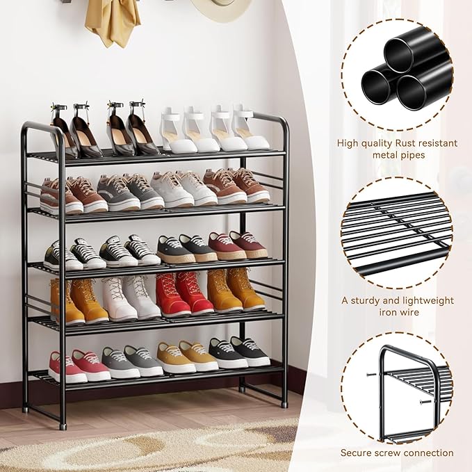 Standard Shoe Rack 5-Tier 32.5 Inches Wide, Free Standing Shoe Organizer for Indoor Outdoor | Adjustable Heavy-Duty Metal Shelf Ideal for Home Entryway Closet & Garage Balcony | Black