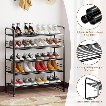 Standard Shoe Rack 5-Tier 32.5 Inches Wide, Free Standing Shoe Organizer for Indoor Outdoor | Adjustable Heavy-Duty Metal Shelf Ideal for Home Entryway Closet & Garage Balcony | Black