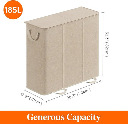 Lifewit Triple Laundry Hamper with Lid and Removable Laundry Bags, Large Collapsible 3 Dividers Dirty Clothes Basket with Handles for Bedroom Laundry Room Closet Bathroom College, 185L Beige