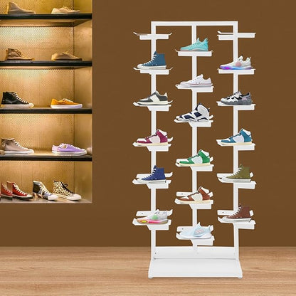 Commercial Clothing Store Shoe Rack, Large Free Standing Shoe Organizer Display Shelf, Retail Boutique Sneaker Basketball Shoes Storage Stand Holds 18 Pairs for Home Store Entryway (White)
