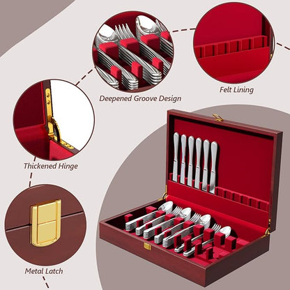 Solid Mahogany Silverware Storage Box,Silverware Chest without Silverware,Flatware Case with Red Felt Lined and Lid,Silverware Boxes for Flatware,Wooden Flatware Storage Box for 12 Sets of Utensils