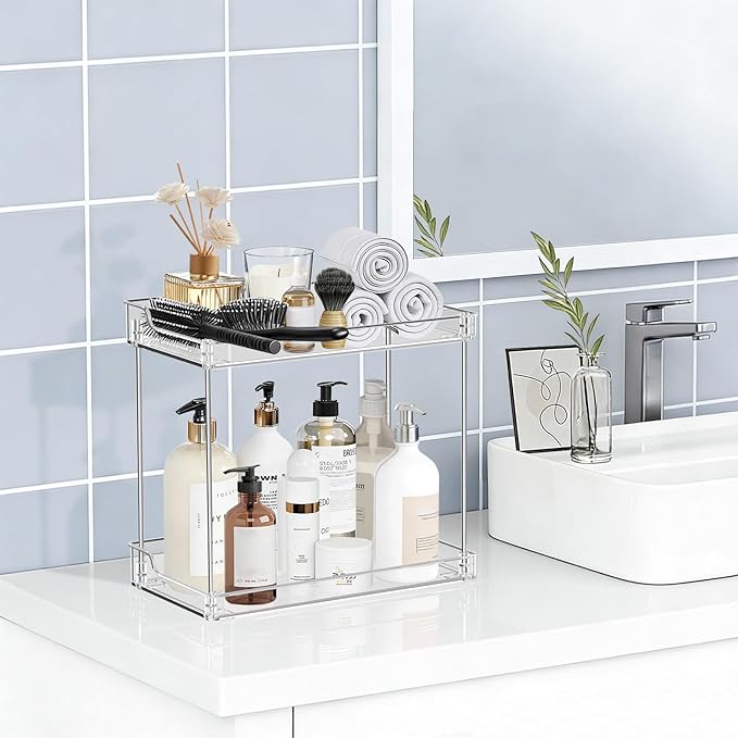 2 Tier Bathroom Counter Organizer, Clear Bathroom Counter Shelf for Vanity Countertop, Kitchen, Sink Storage, Tiered Skincare Organizer for Makeup, Perfume, Beauty Supplies (Rectangular)