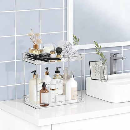 2 Tier Bathroom Counter Organizer, Clear Bathroom Counter Shelf for Vanity Countertop, Kitchen, Sink Storage, Tiered Skincare Organizer for Makeup, Perfume, Beauty Supplies (Rectangular)