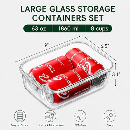 2 Pack 63oz Large Glass Storage Containers with Lids Big Meal Prep Food Container Set for Storing food, vegetables or fruits, BPA Free, Freezer Dishwasher Oven Safe (gray)