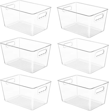 YIHONG 6 Pack Clear Pantry Organizer Bins, Plastic Containers with Handle for Kitchen,Freezer,Cabinet,Closet,Bathroom Under Sink Storage