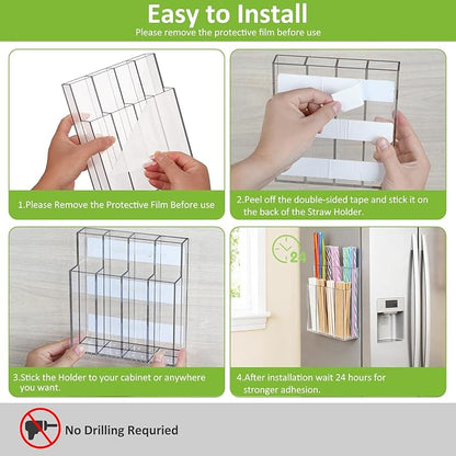 Acrylic Straw Holder for Cabinet Door, Clear Straw Organizer for Reusable Straws, Self-Adhesive No Drill Wall Mount Storage for Kitchen Bar Office, Large Capacity Tableware Rack (8 Compartments)