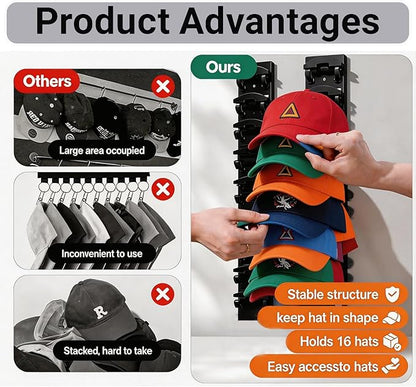 FAYYGYH Hat Organizer for Baseball Caps, 2 Pack Strong Adhesive Hat Rack for Wall, Multilayer Hat Storage Display Holder, Wall Mounted Hat Hooks Hold up to 16 Hats for Closet Door and Bedroom (Black)