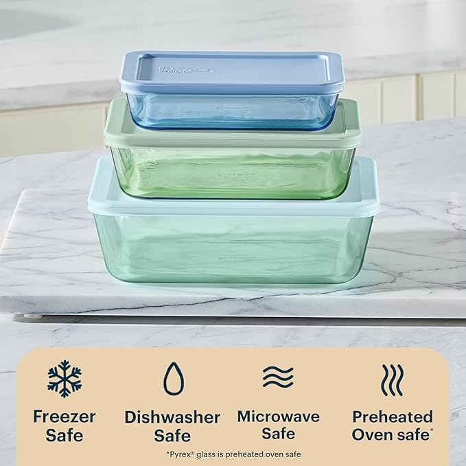 Pyrex Colors (3-Pack, Large) Tinted Glass Rectangle Food Storage Container Set, Snug Fit Non-Toxic Plastic BPA-Free Lids, Freezer Dishwasher Microwave Safe, 3 Cup, 6 Cup & 11 Cup
