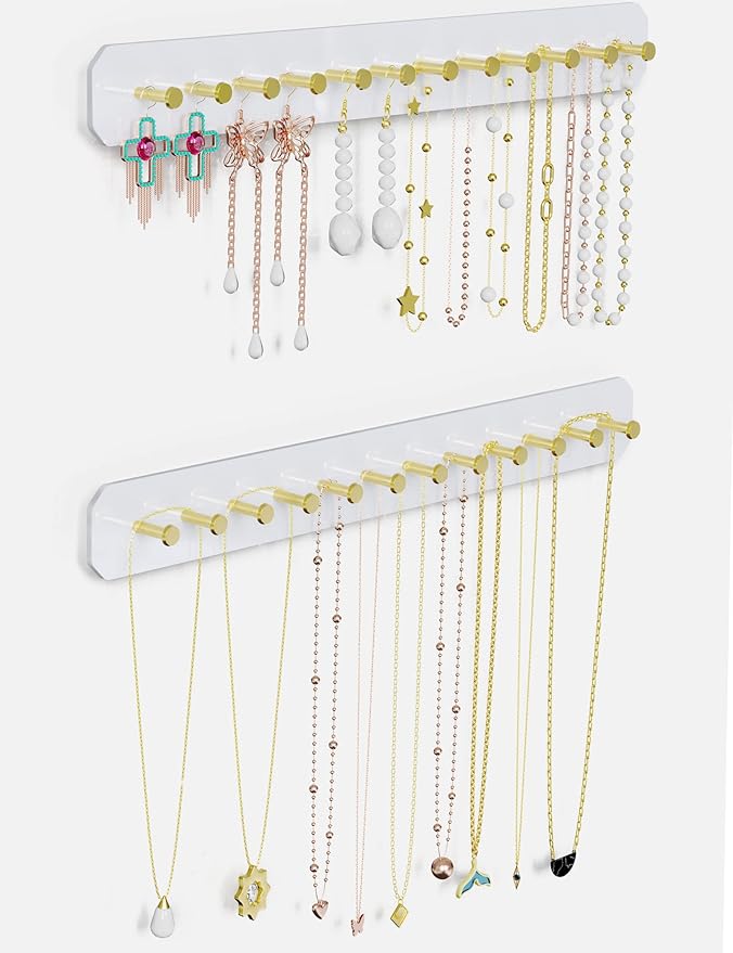 NiHome Wall Mounted Acrylic Jewelry Organizer 2-Pack, Durable Sleek Rack Strong Carbon Steel Hooks for Dressing Table, Bathroom, Kitchen, Hassle-Free Installation Multiple Mounting Options (White)