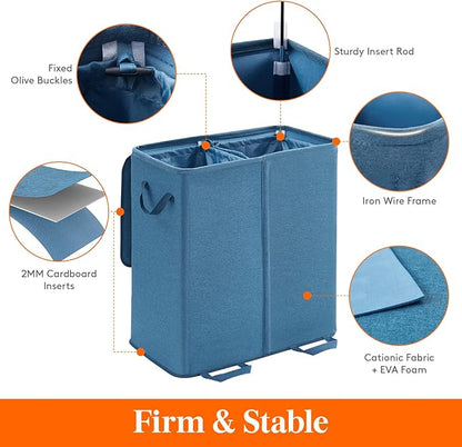 Lifewit Double Laundry Hamper with Lid and Removable Laundry Bags, Large Collapsible 2 Dividers Dirty Clothes Basket with Handles for Bedroom Laundry Room Closet Bathroom College, 136L Blue