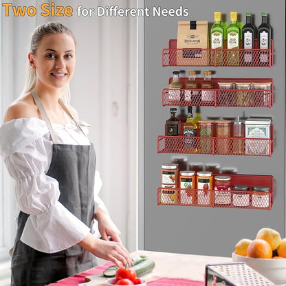 DTUQYX Magnetic Spice Rack for Refrigerator, 4 Pack 100% Metal Strong Magnet Fridge Shelves, Space Saving Spice Organizer, No Drilling Moveable Home Kitchen Laundry Room Storage Organization, Red