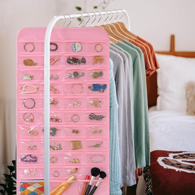 Bloss Hanging Jewelry Organizer With 90 Pockets,Earring Holder Organizer Storage For Valentine's Day Gift,Double-Sided Jewelry Holder for Earrings, Necklaces, Rings on Closet,Wall,Door(Pinck)